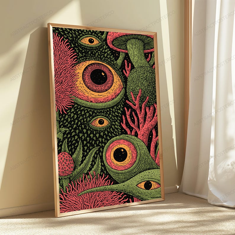 May include: A rectangular framed wall art print featuring a dense, surreal illustration with multiple large, wide-open eyes, textured green organic shapes, pink spiky floral elements, and mushroom-like structures on a dark black background.