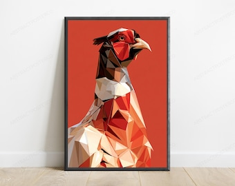 Red Rooster Geometric Pop Art Print | Bold Low-Poly Bird Wall Art | Modern Home Decor