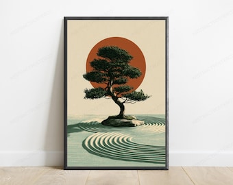 Zen Bonsai Tree Orange Sun Wall Art | Japanese Garden Print | Peaceful Nature Decor