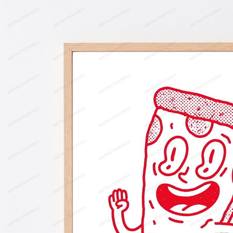 May include: A framed wall art print featuring a red line drawing of a cartoon pizza slice character with a smiling face, large eyes, and a waving hand. The illustration uses a halftone dot texture pattern on the crust and the main body area.