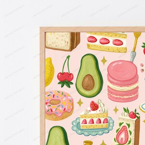 Pastel Food Pattern Art Print | Whimsical Kitchen Wall Decor | Macarons Avocado Cake Sweets Illustration bild 2