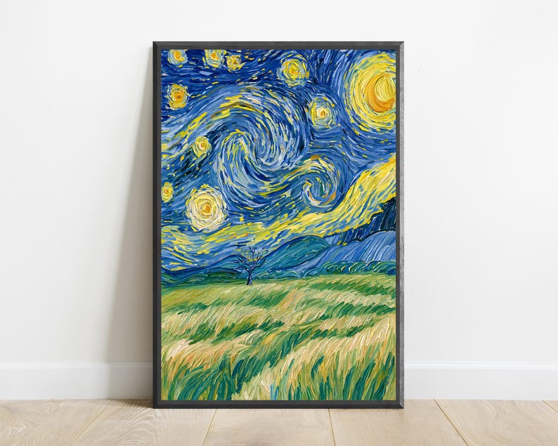 May include: A framed vertical art print featuring a swirling night sky with a large yellow moon and glowing stars above a landscape of rolling green and yellow fields, dark blue mountains, and a single small tree under a dark blue sky.