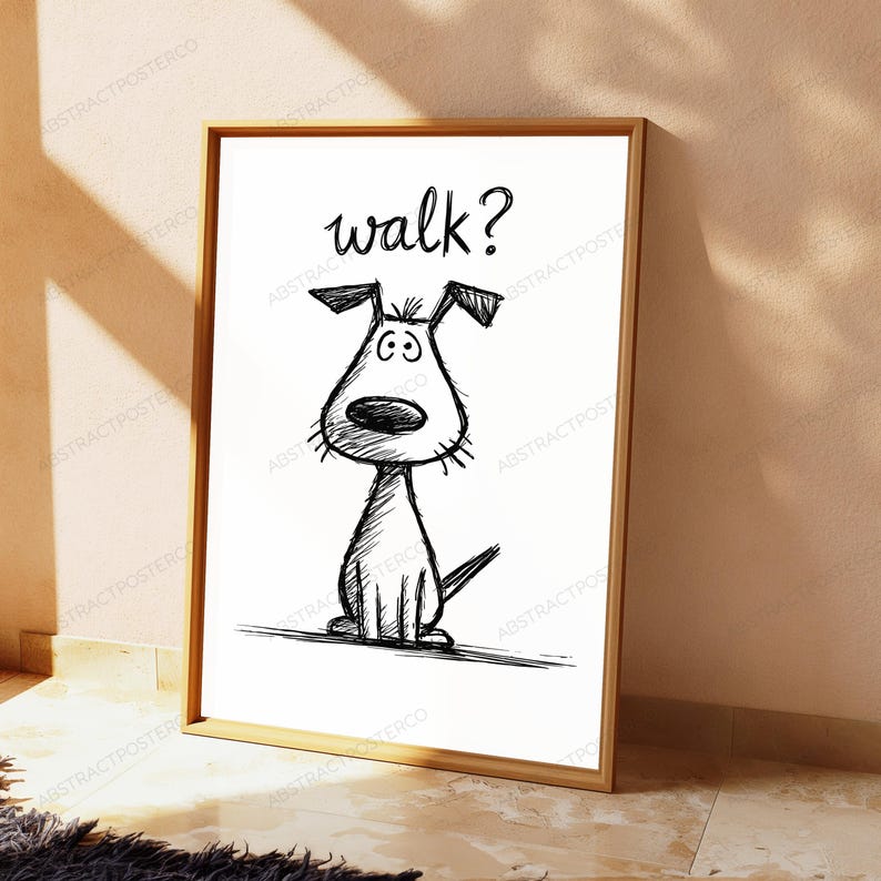 May include: A framed wall art print featuring a black ink sketch of a dog sitting down with the word walk? written above it in a handwritten font. The drawing has a sketchy, textured appearance on a plain white background within a wooden frame.