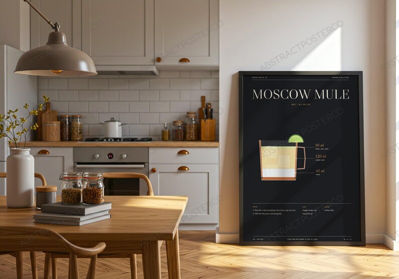 Moscow Mule Cocktail Recipe Print shown in a kitchen