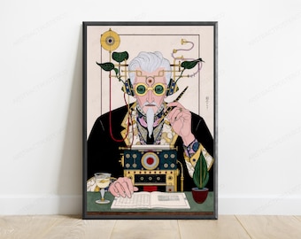 Steampunk Inventor Portrait Print | Whimsical Scientist Wall Art | Retro Gadget Illustration | Digital Download A3 A2 A1