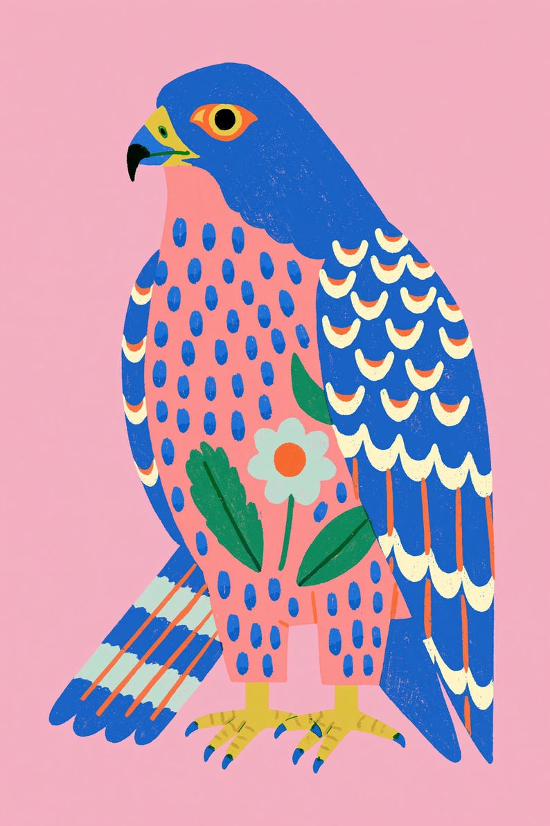 May include: A stylized illustration of a bird of prey against a solid pink background. The bird features a blue head and wings with orange and white markings, a pink chest with blue spots, a central white flower, and yellow talons with blue claws.