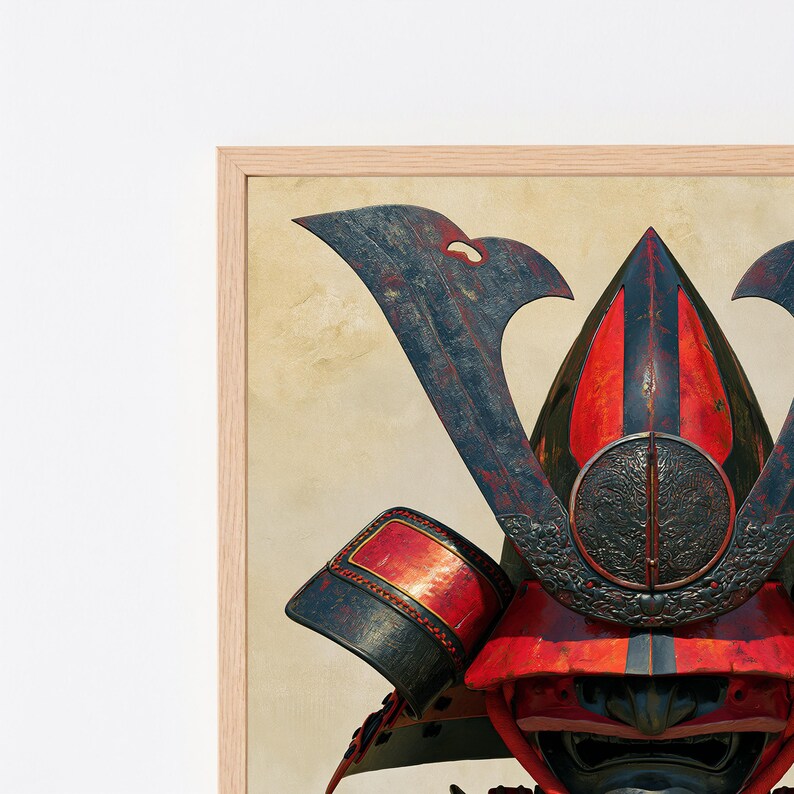Peut inclure: Une impression d'art murale encadr&eacute;e repr&eacute;sentant une illustration d&eacute;taill&eacute;e d'un casque de samoura&iuml; traditionnel. Le casque est peint en rouge et noir vifs avec de grandes cr&ecirc;tes d&eacute;coratives sombres et incurv&eacute;es vers le haut.