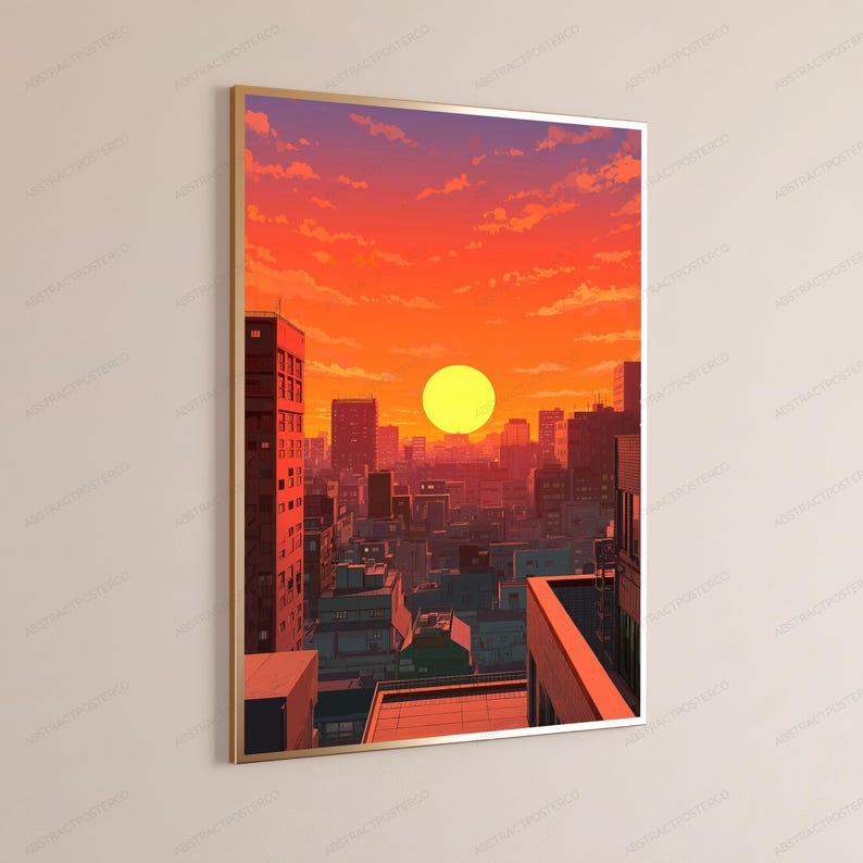 May include: A framed vertical wall art print depicting a city skyline at sunset. The scene features a large, bright yellow sun centred above a dense urban landscape of buildings in shades of orange, red, and deep purple under a cloudy sky.