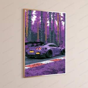 Lila sportbilsskogskörning | Neon Vaporwave-väggkonst | Modern popkonst-tryck | Digital nedladdning A3 A2 A1 bild 3