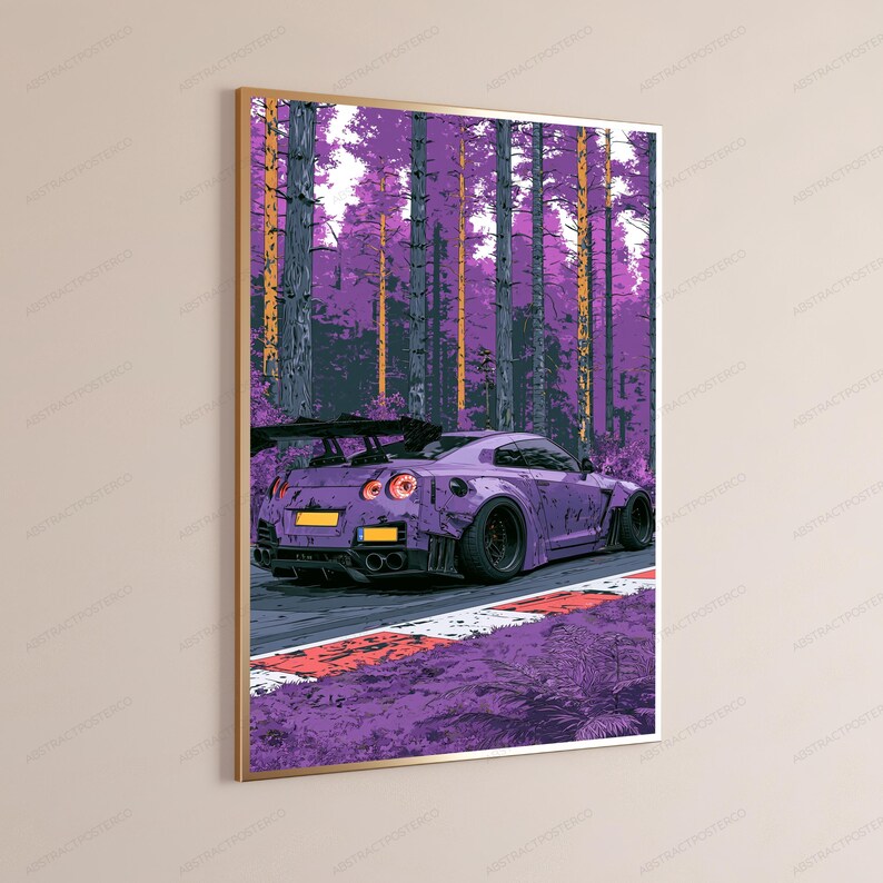 Lila sportbilsskogskörning | Neon Vaporwave-väggkonst | Modern popkonst-tryck | Digital nedladdning A3 A2 A1 bild 3