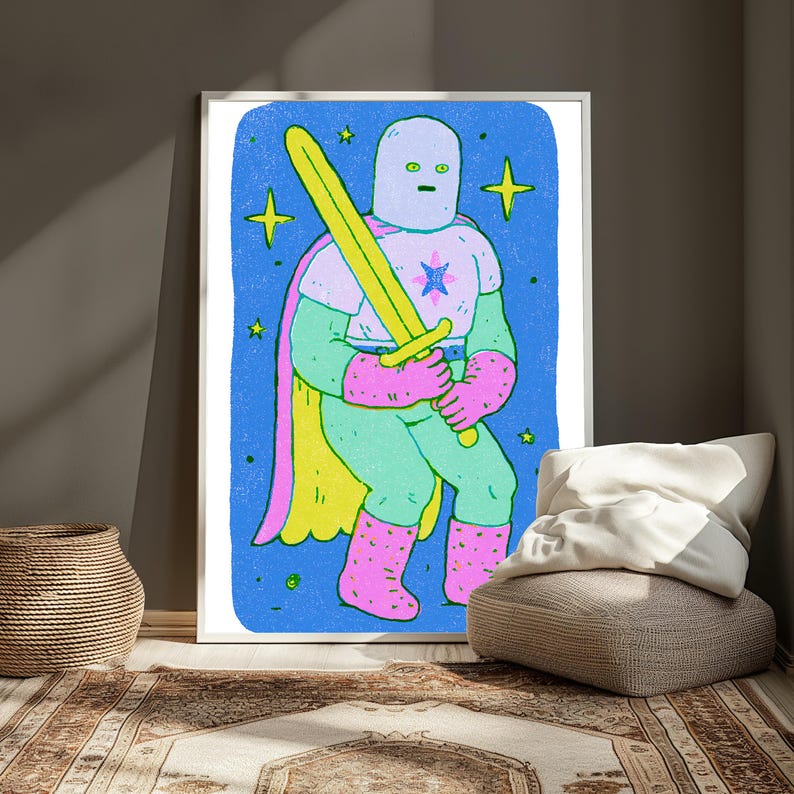 Cosmic Warrior with Yellow Sword Pop Art Print | Neon Character Wall Art | Vibrant Home Decor | Digital Download A3 A2 A1 image 2