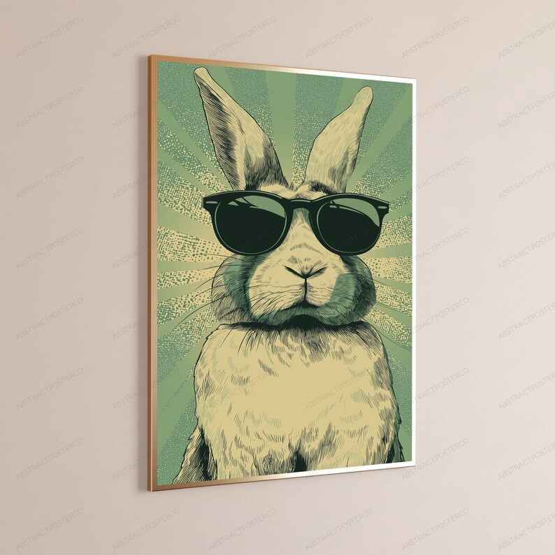 May include: A rectangular wall art print featuring a stylized illustration of a rabbit wearing black sunglasses. The rabbit is centered against a background of radiating light green and cream-colored sunburst lines with a textured dot pattern.