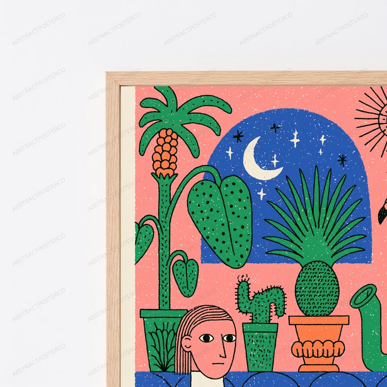 May include: A framed wall art print featuring a pink background with various potted plants, including a palm and a cactus. A blue archway displays a crescent moon and stars. A stylized human face is visible at the bottom center of the illustration.