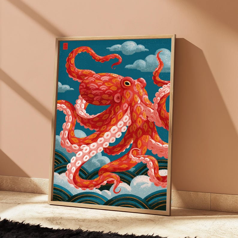 Red Octopus Clouds Japanese Art Print | Celestial Sea Creature Wall Art | Minimalist Ocean Decor | Digital Download A3 A2 A1 image 4
