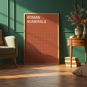 Learn Roman Numerals Chart Print in Terracotta shown in a living room