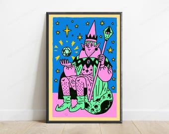 Pink Wizard with Magic Wand Pop Art Print | Colorful Spell Art | Quirky Fantasy Wall Decor | Digital Download A3 A2 A1