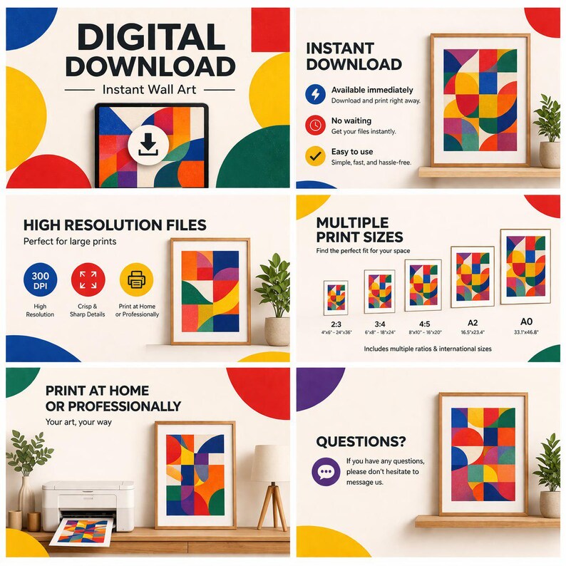 May include: A digital download wall art set featuring a geometric pattern of colorful circles and squares. The image displays information about instant downloads, high-resolution 300 DPI files, multiple print sizes from 2:3 to A0, and printing options.