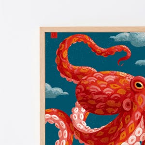 May include: A framed digital illustration featuring a vibrant red octopus with textured patterns on its head and tentacles, set against a deep teal background with white clouds and a small red square stamp in the upper left corner.