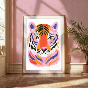 Colourful Tiger Pop Art Print | Pink & Orange Big Cat Wall Art | Vibrant Animal Home Decor | Digital Download A3 A2 A1 image 5