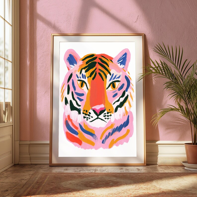 Colourful Tiger Pop Art Print | Pink & Orange Big Cat Wall Art | Vibrant Animal Home Decor | Digital Download A3 A2 A1 image 5