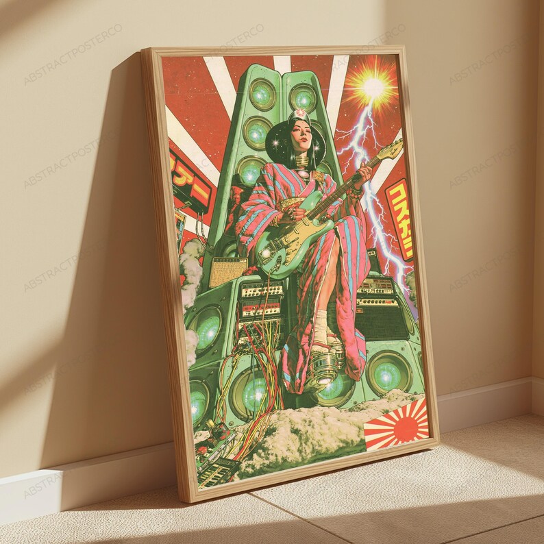 May include: A framed poster featuring a person in a pink and blue striped kimono playing a light green electric guitar. The figure sits atop a large stack of green speakers and electronic equipment under a bright sun and lightning bolt.