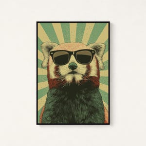 May include: A framed wall art print featuring a stylized illustration of a red panda wearing black sunglasses. The animal is centered against a background of radiating light green and beige sunburst stripes with a subtle distressed texture.