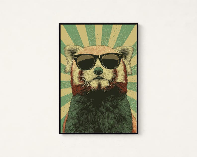May include: A framed wall art print featuring a stylized illustration of a red panda wearing black sunglasses. The animal is centered against a background of radiating light green and beige sunburst stripes with a subtle distressed texture.