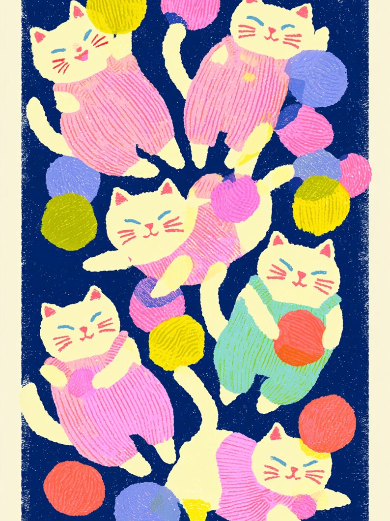 May include: A vertical illustration on a dark blue background featuring several cream-colored cats wearing pink or light green overalls. The cats are depicted playing with various colorful yarn balls in shades of yellow, pink, blue, and orange.