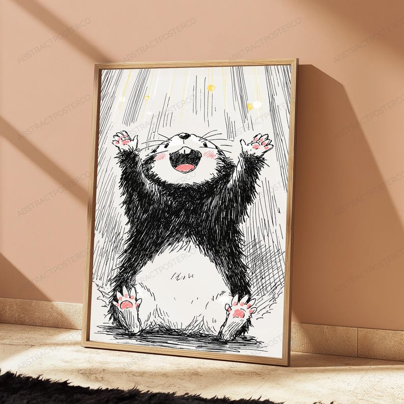 Pu&ograve; includere: Una stampa artistica incorniciata con un'illustrazione a inchiostro in bianco e nero di una creatura allegra e pelosa con le braccia sollevate. La creatura ha una pancia bianca, cuscinetti rosa e un'espressione felice sotto una luce cadente.
