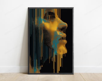 Golden Profile Portrait Print | Glitch Art Face Wall Decor | Modern Minimalist Anime Poster | Digital Download