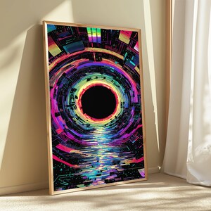 May include: A rectangular framed wall art piece featuring a vibrant digital abstract design. The artwork displays a central black circular void surrounded by concentric rings of neon pink, blue, yellow, and purple geometric patterns and light.