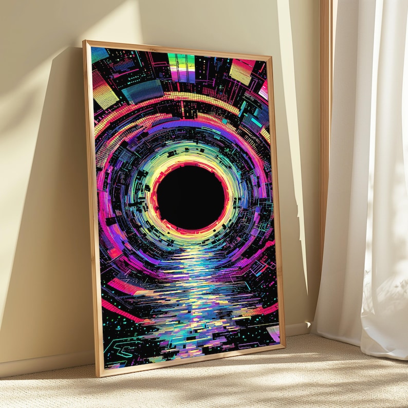 May include: A rectangular framed wall art piece featuring a vibrant digital abstract design. The artwork displays a central black circular void surrounded by concentric rings of neon pink, blue, yellow, and purple geometric patterns and light.