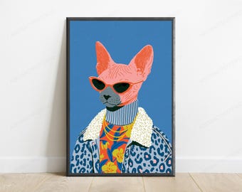 Lámina de arte pop con gafas de sol de gato esfinge / Arte mural de gatos a la moda / Decoración minimalista para el hogar / Descarga digital A3 A2 A1
