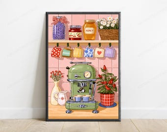 Retro Kitchen Coffee Machine Print | Cosy Cottagecore Food Art | Vintage Home Decor
