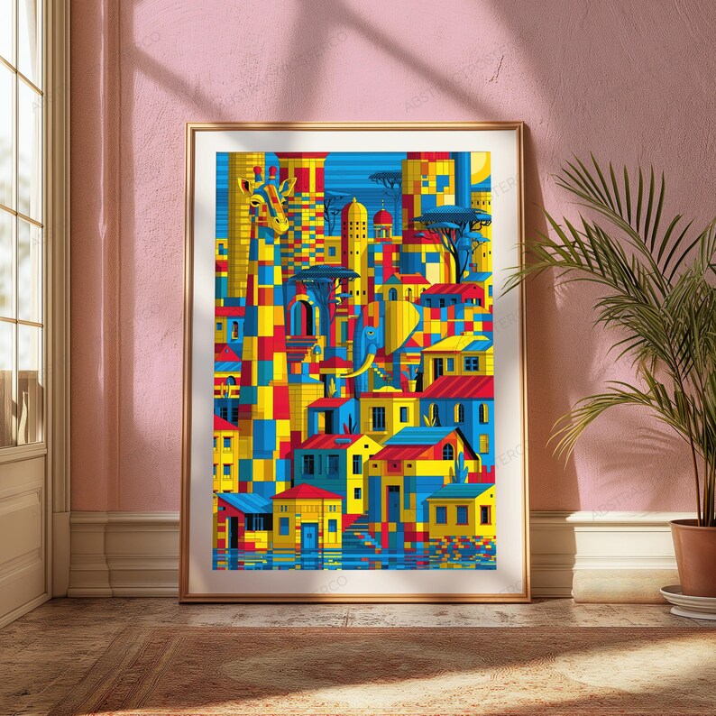 May include: A framed rectangular wall art print featuring a vibrant, geometric mosaic of a cityscape integrated with a giraffe and an elephant. The composition uses a bold palette of primary blue, yellow, and red blocks to depict buildings and wildlife.