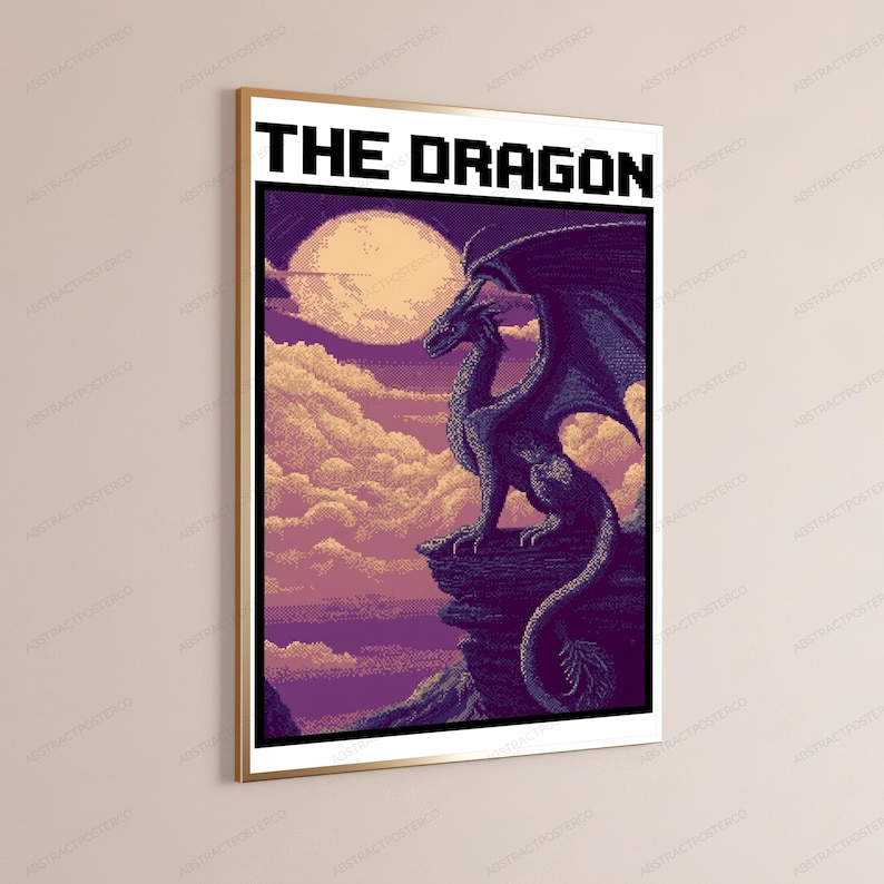 May include: A framed pixel art poster titled THE DRAGON, featuring a dark purple dragon perched on a rocky cliff against a backdrop of soft clouds and a large, pale yellow moon. The artwork uses a distinct blocky, digital aesthetic style.
