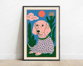 Pink Spotty Dog Cacti Desert Pop Art Print | Quirky Pet Portrait | Minimalist Wall Art | Digital Download A3 A2 A1