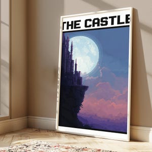 Puede incluir: Una impresi&oacute;n art&iacute;stica vertical enmarcada con una ilustraci&oacute;n estilo pixel art de un castillo oscuro sobre un acantilado bajo una gran luna llena. El cielo cambia de azul profundo a nubes p&uacute;rpuras. El texto THE CASTLE est&aacute; impreso en negro.