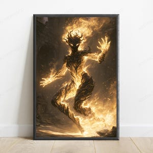 May include: A rectangular wall art print featuring a dark, humanoid figure composed of swirling golden flames and embers. The figure is in a dynamic, leaping pose against a dark, smoky background, with bright light radiating from its body.