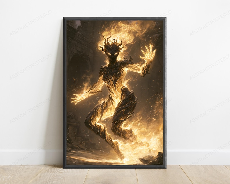 May include: A rectangular wall art print featuring a dark, humanoid figure composed of swirling golden flames and embers. The figure is in a dynamic, leaping pose against a dark, smoky background, with bright light radiating from its body.