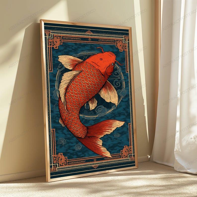 May include: A rectangular wall art print featuring a vibrant orange koi fish swimming in a circular motion against a dark blue textured background. The artwork is framed by a geometric orange border with intricate corner patterns and lines.