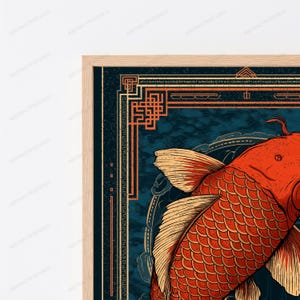 May include: A framed wall art print featuring a vibrant orange koi fish with detailed scales, set against a dark blue textured background. The artwork is enclosed by a light wood frame and includes intricate geometric border patterns in orange.