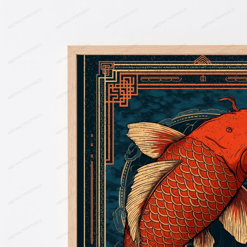 May include: A framed wall art print featuring a vibrant orange koi fish with detailed scales, set against a dark blue textured background. The artwork is enclosed by a light wood frame and includes intricate geometric border patterns in orange.