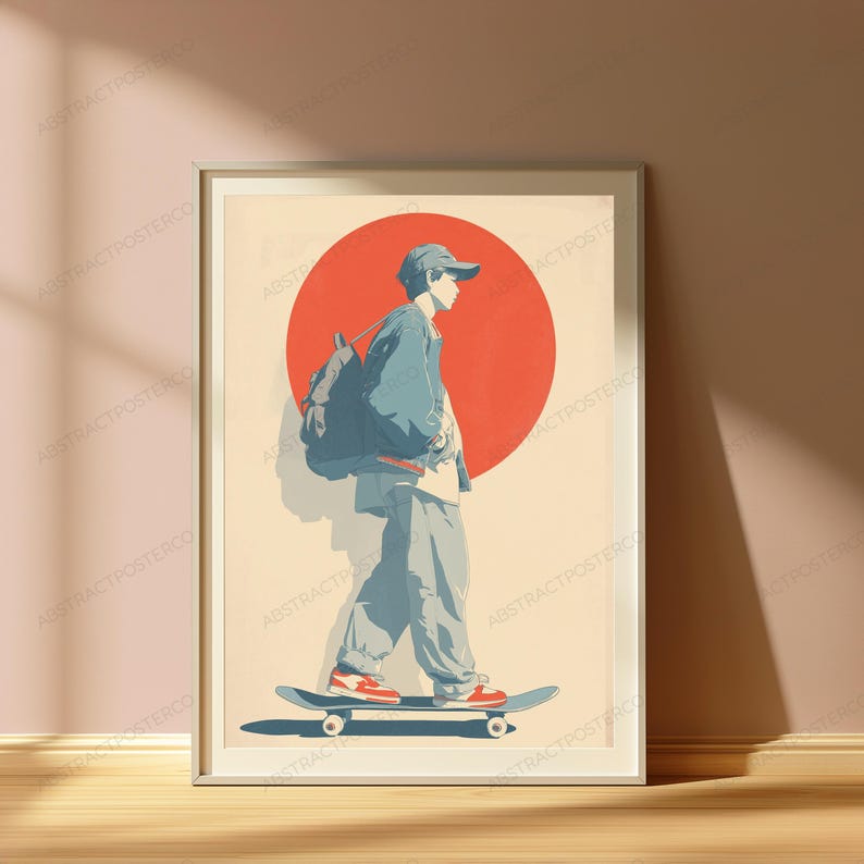 May include: A framed poster featuring a stylized illustration of a person wearing a cap, jacket, and pants, carrying a backpack while riding a skateboard. The background displays a large solid red circle against a cream-colored backdrop.