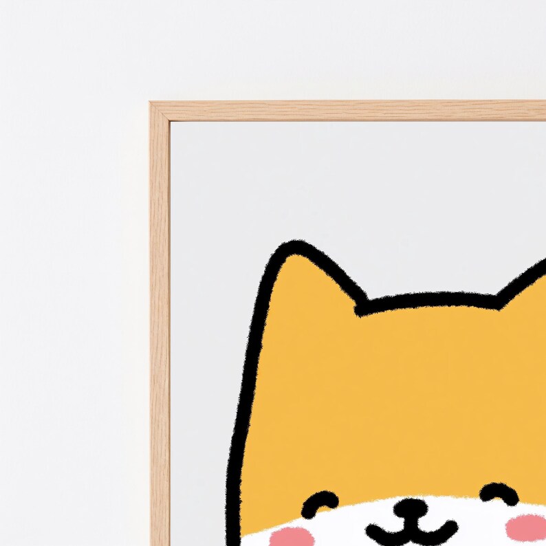 May include: A framed wall art print featuring a stylized illustration of a Shiba Inu dog face. The dog has golden-yellow fur, a white muzzle, black outlined features, and pink circular cheeks, all set within a light-colored wooden frame.