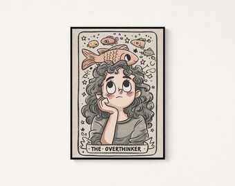 The Overthinker Girl with Fish Crown | Whimsical Portrait Print | Minimalist Wall Art | Digital Download A3 A2 A1