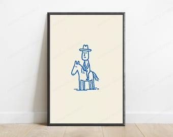 Lámina decorativa de vaquero a caballo / Arte mural minimalista del oeste / Boceto azul para decoración del hogar / Descarga digital A3 A2 A1