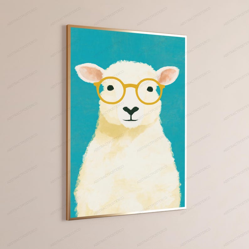 K&ouml;nnte beinhalten: Ein gerahmter Wandkunstdruck, der ein wei&szlig;es Schaf mit texturiertem, flauschigem Aussehen zeigt. Das Schaf tr&auml;gt eine runde, senfgelbe Brille und ist vor einem einfarbigen, leuchtend t&uuml;rkisfarbenen Hintergrund platziert. Der Rahmen ist d&uuml;nn und goldfarben.