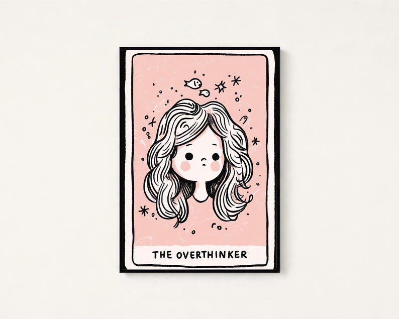 The Overthinker Girl Fish Stars Print | Dreamy Portrait Wall Art | Minimalist Line Drawing | Digital Download A3 A2 A1 image 1