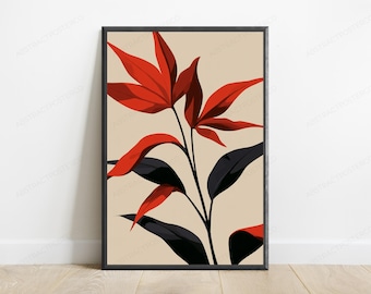 Red Leaf Abstract Botanical Print | Minimalist Modern Wall Art | Contemporary Home Decor